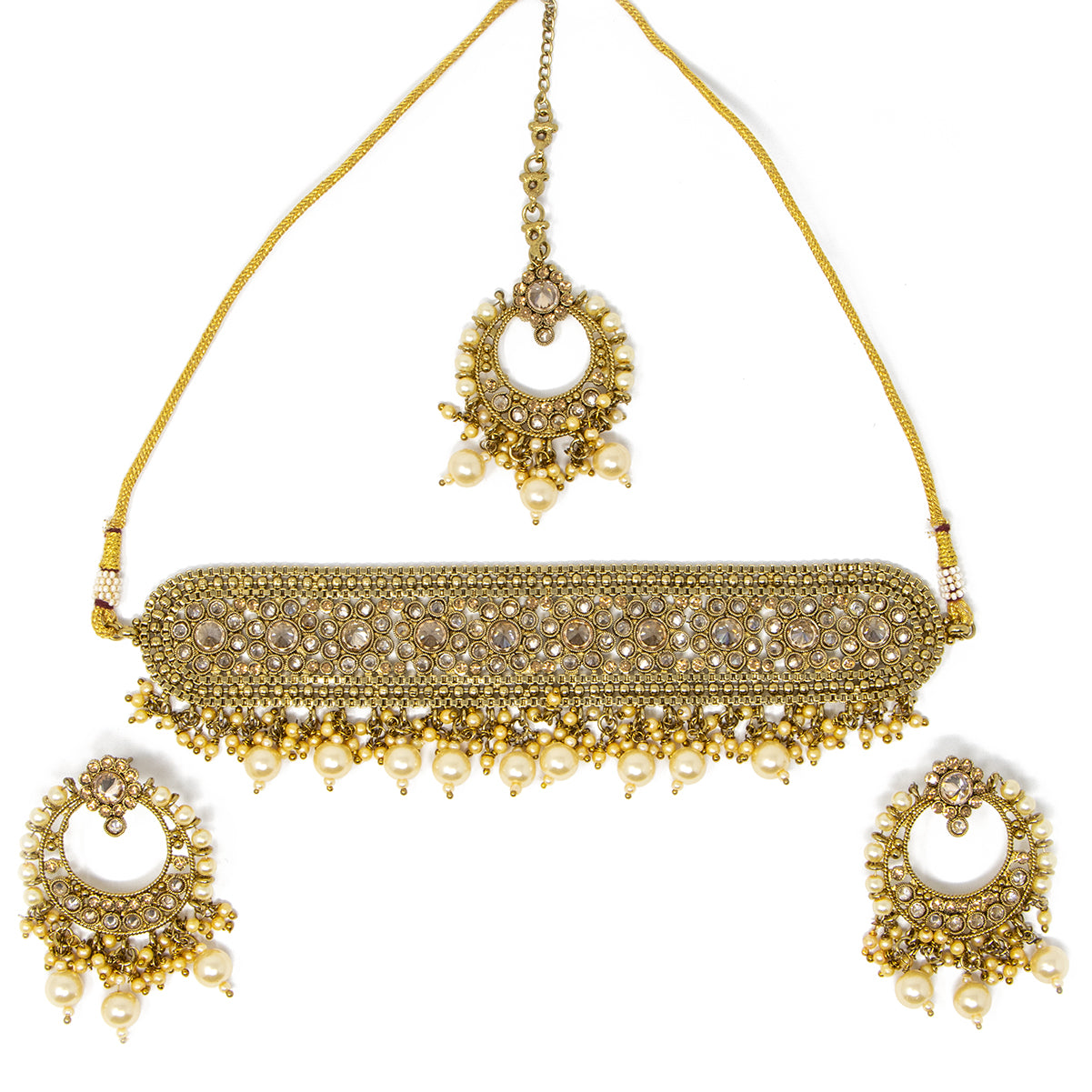 Gold   3 piece set: Necklace with earrings and bindi (forehead piece) for any occasion.