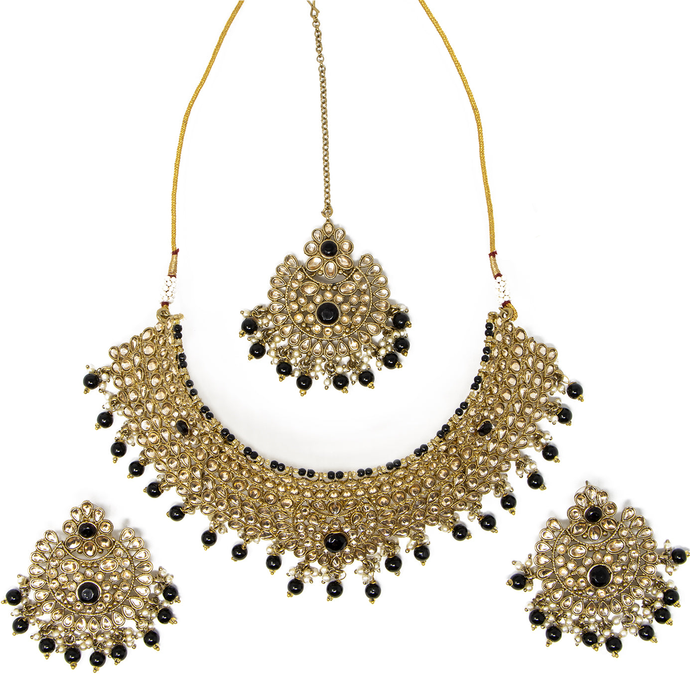 Choker necklace with earrings and bindi (forehead piece)Color: Black, Gold/Champagne, Silver