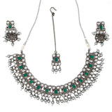 Silver and Green3 piece set: Necklace with earrings and bindi (forehead piece)
