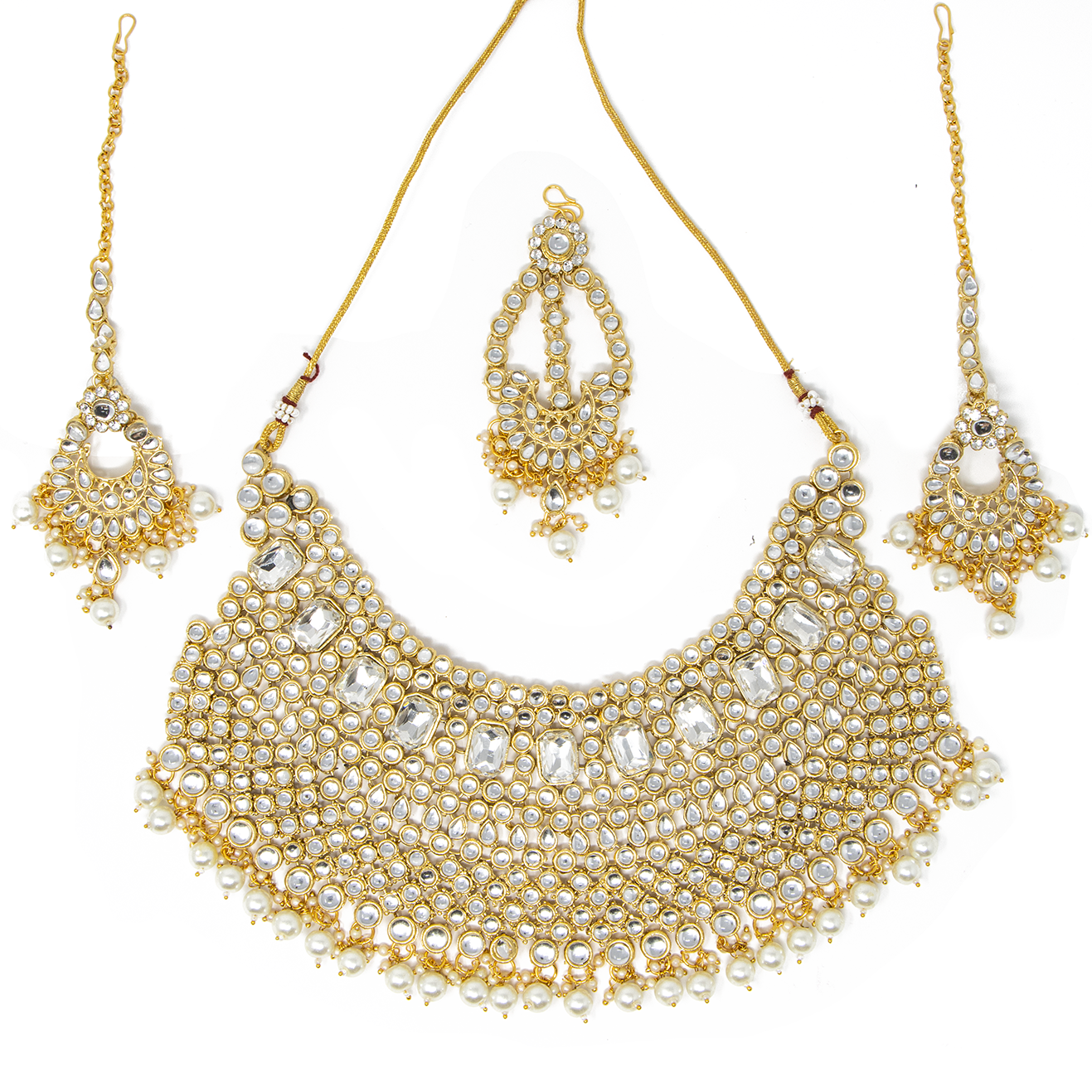 FULL Bridal Set: Choker Necklace, Long necklace, earrings, bindi (forehead piece), tikka, 2 hand panja's.