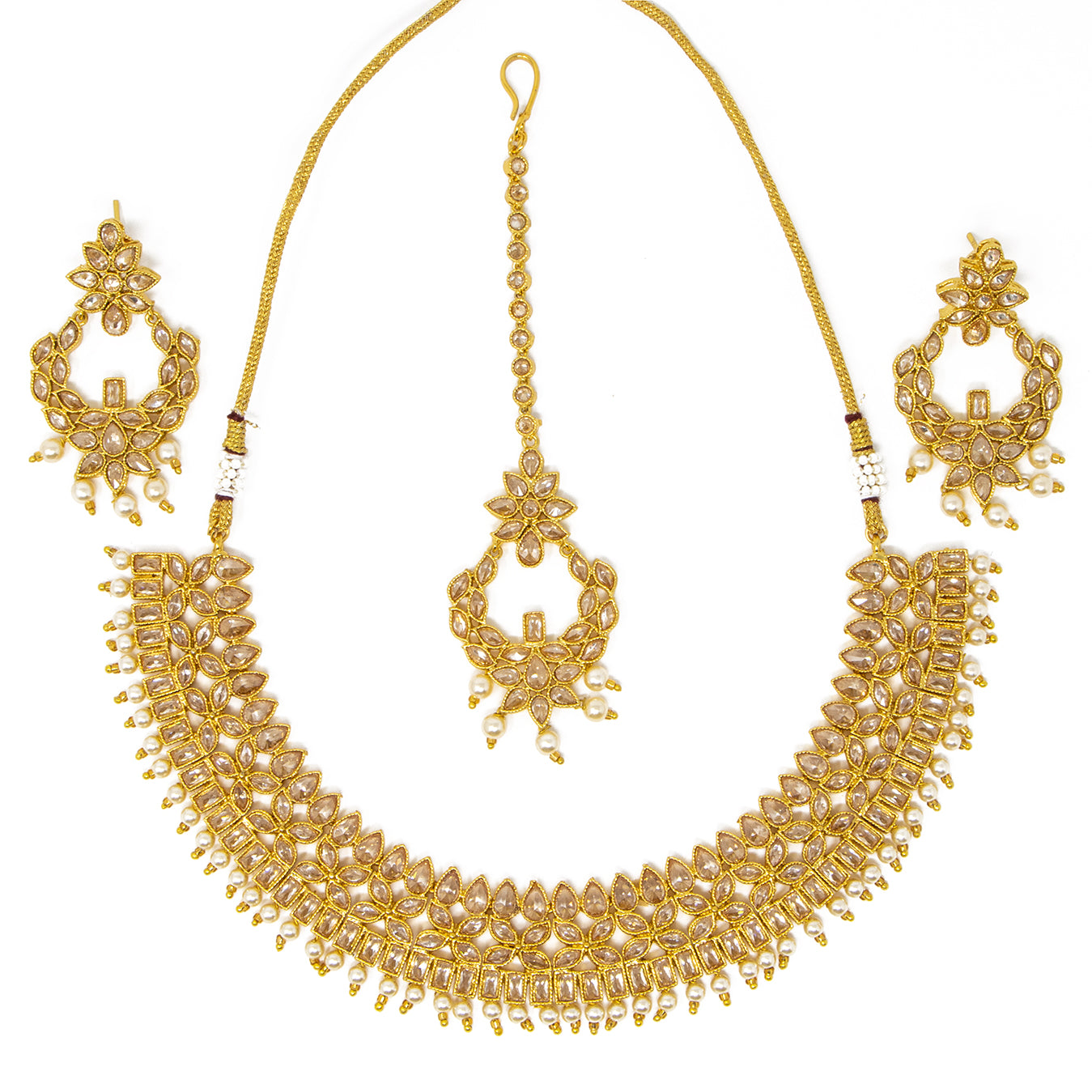 3 piece s Gold jewelery set: Necklace with earrings and bindi (forehead piece)