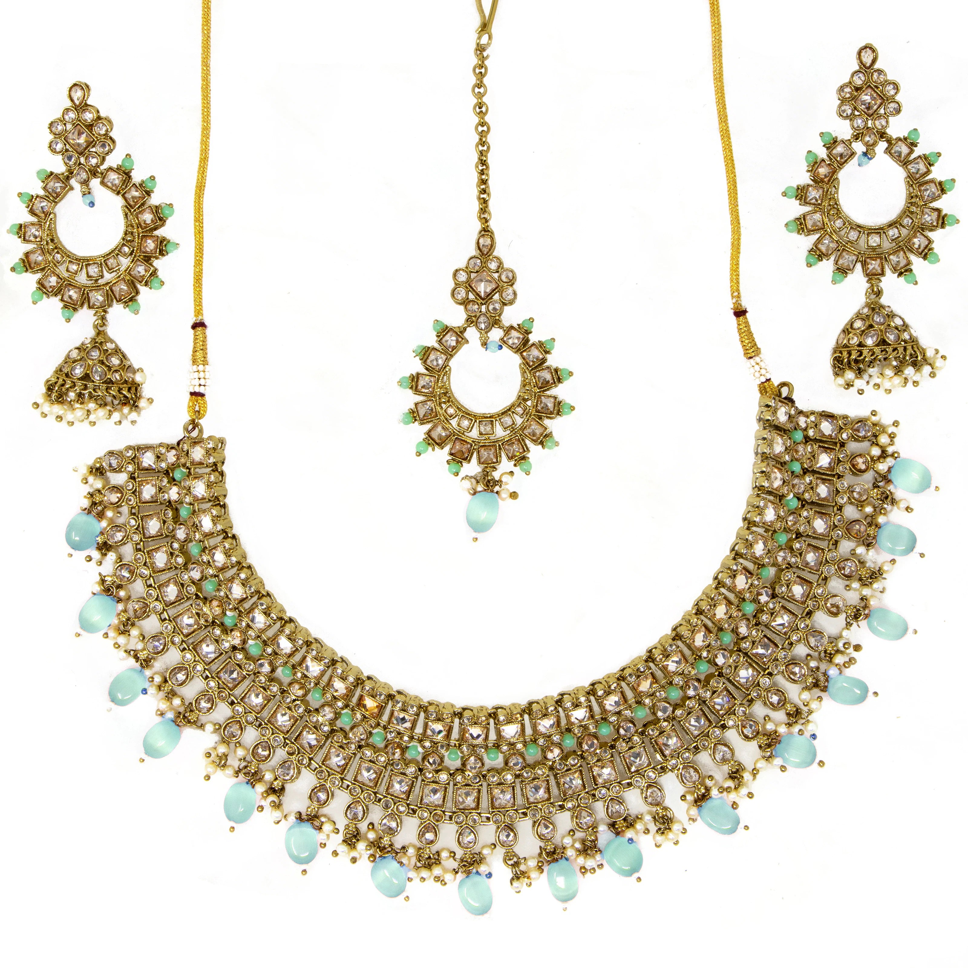 Multi-color champagne jewelry set- covered in beautiful turquoise blue stones, clear crystals, & mini pearls