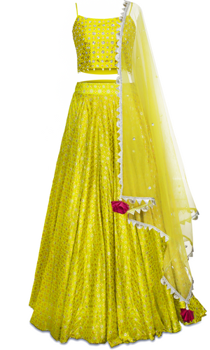 Yellow 3-piece lehenga with a strappy crop top and a blended silk base.