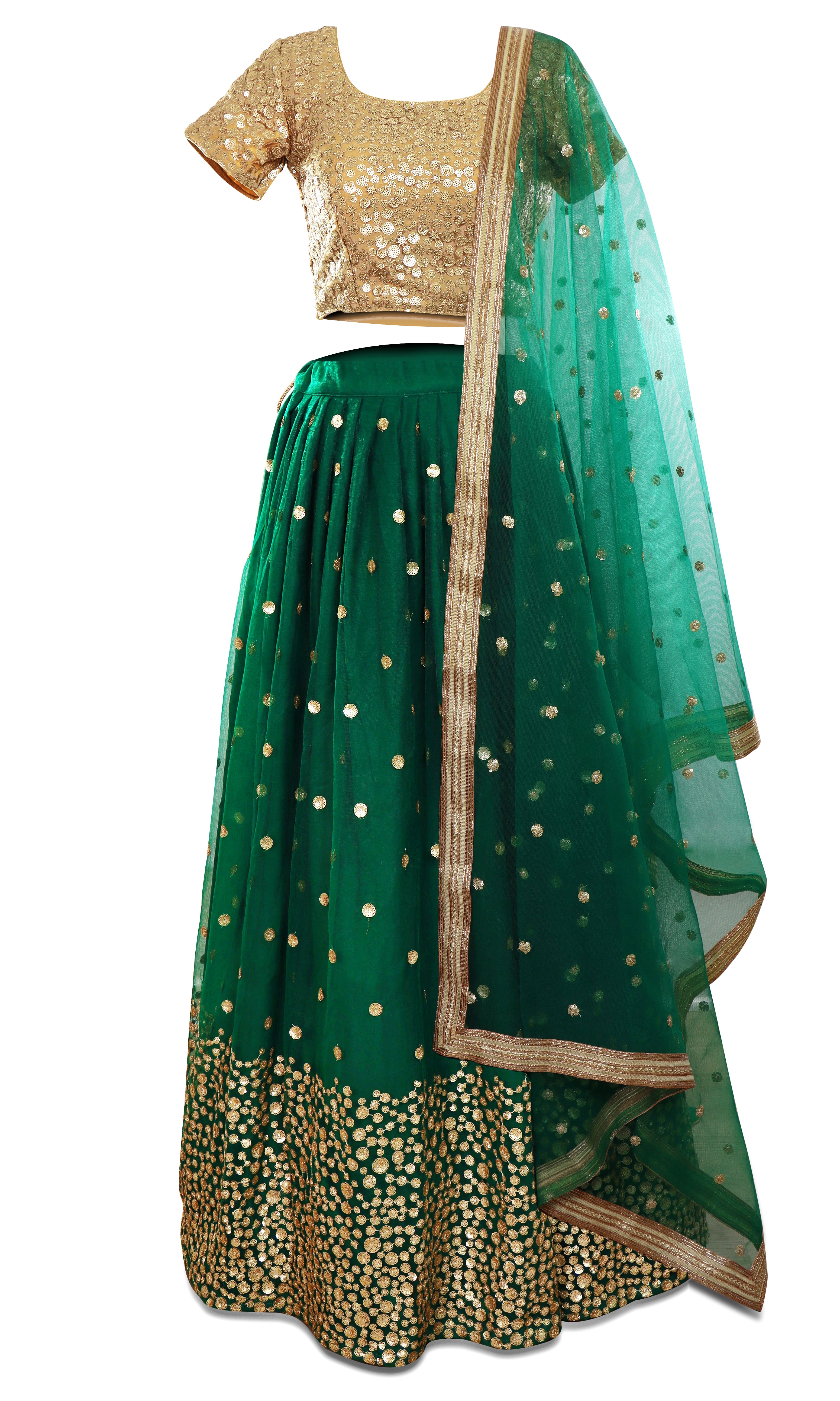 Gorgeous gold and green lehenga, 3-piece set. The blouse is covered in beautiful gold sequined embroidery.
