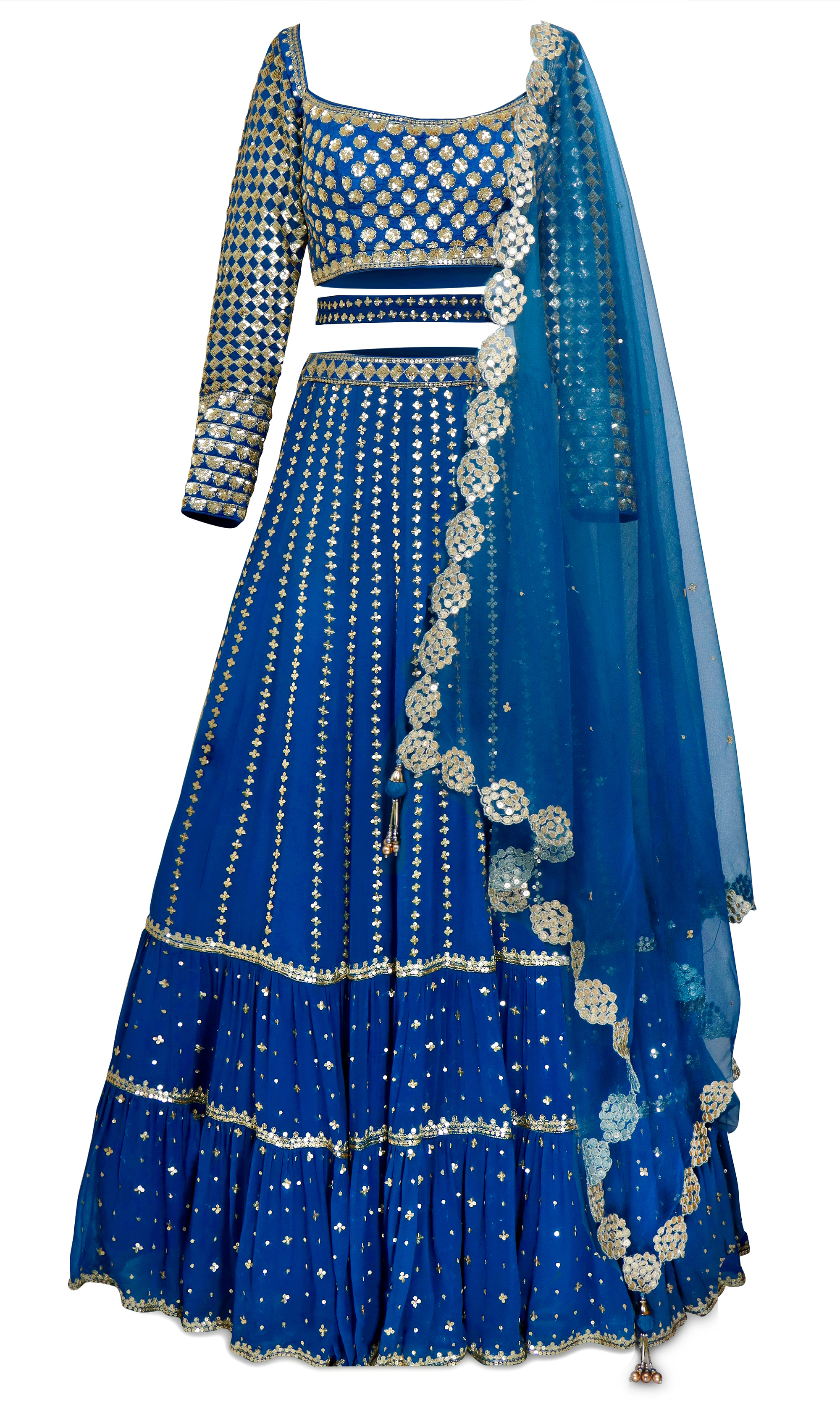 3-piece blue, designer lehenga with shimmering embroidery by Vvani by Vani Vats
