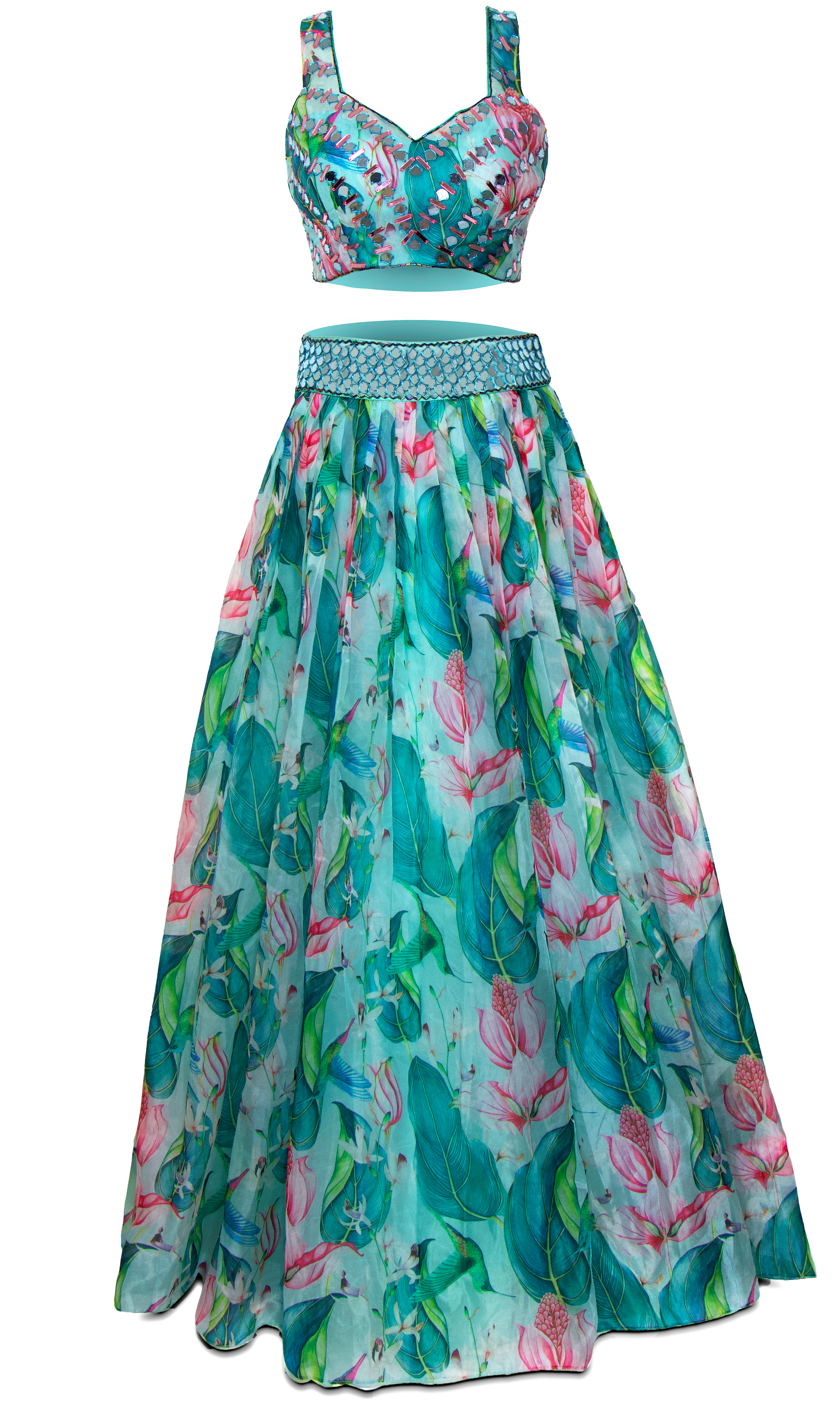 Sky blue multi-color floral lehenga by Izzumi Mehta with bright lime green dupatta