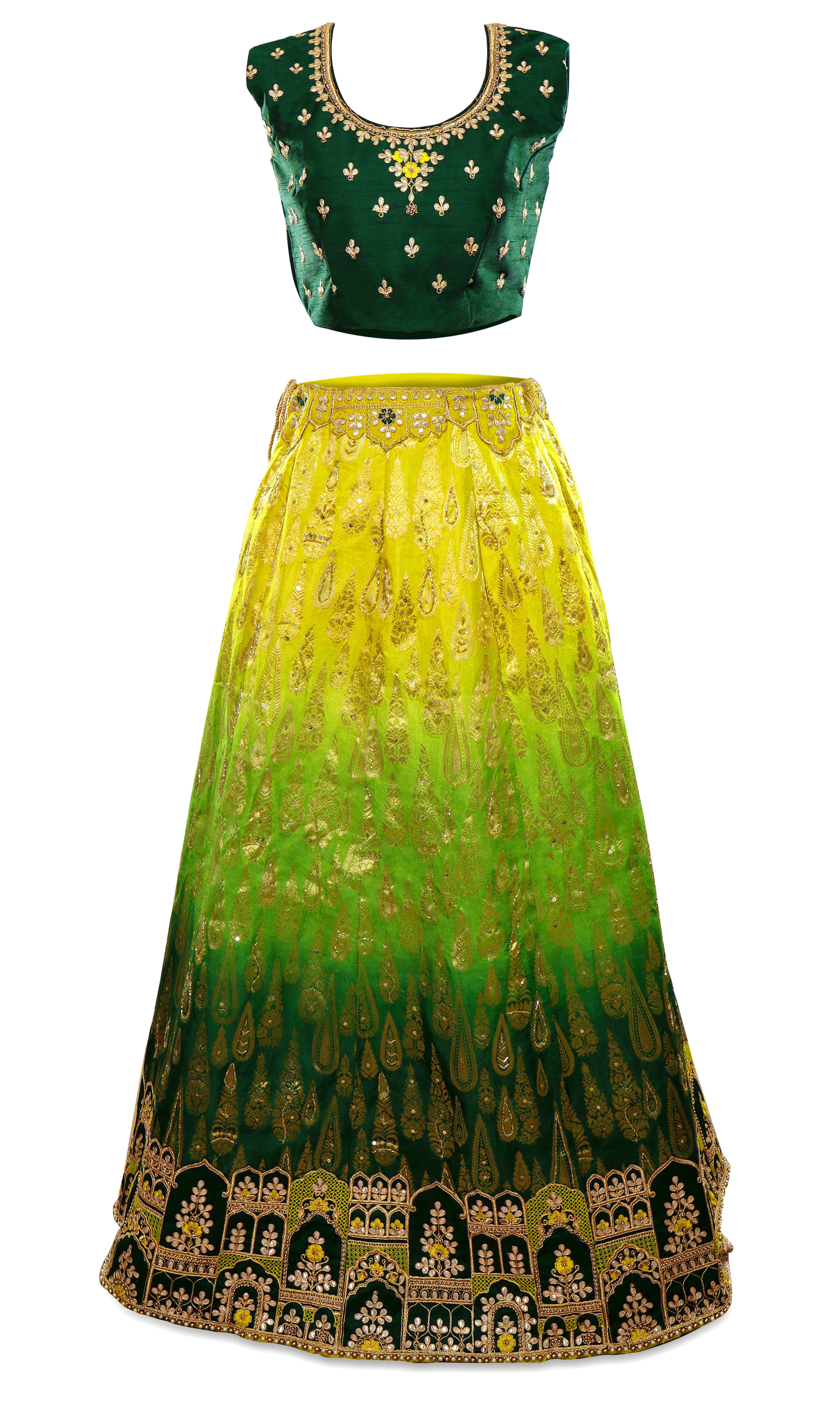 Banarsari green/yellow ombre silk lehenga with blouse, skirt, and the dupatta gold prints embroidered