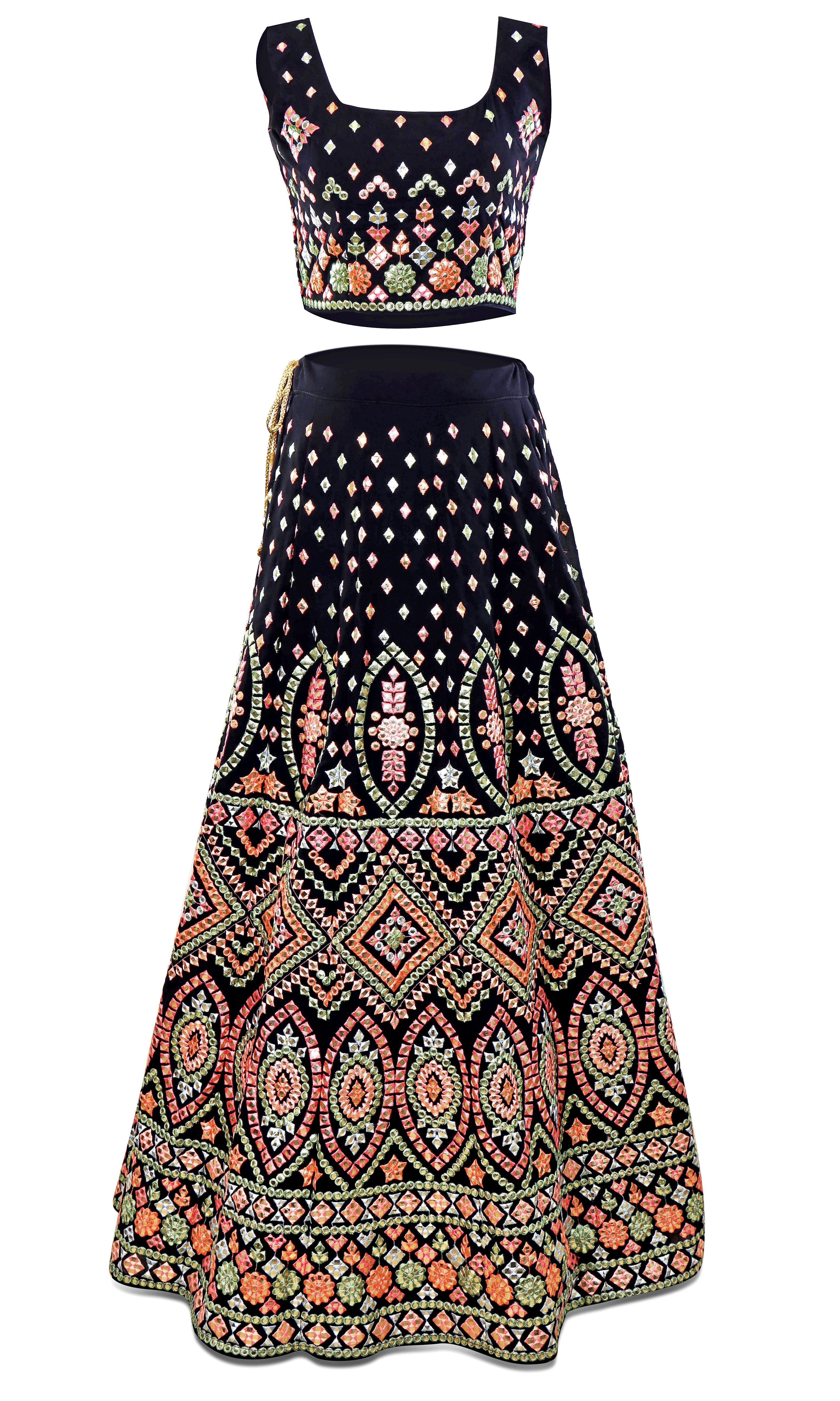 Georgette Black/dark navy lehenga set has colorful mirror work embroidery comes with net dupatta