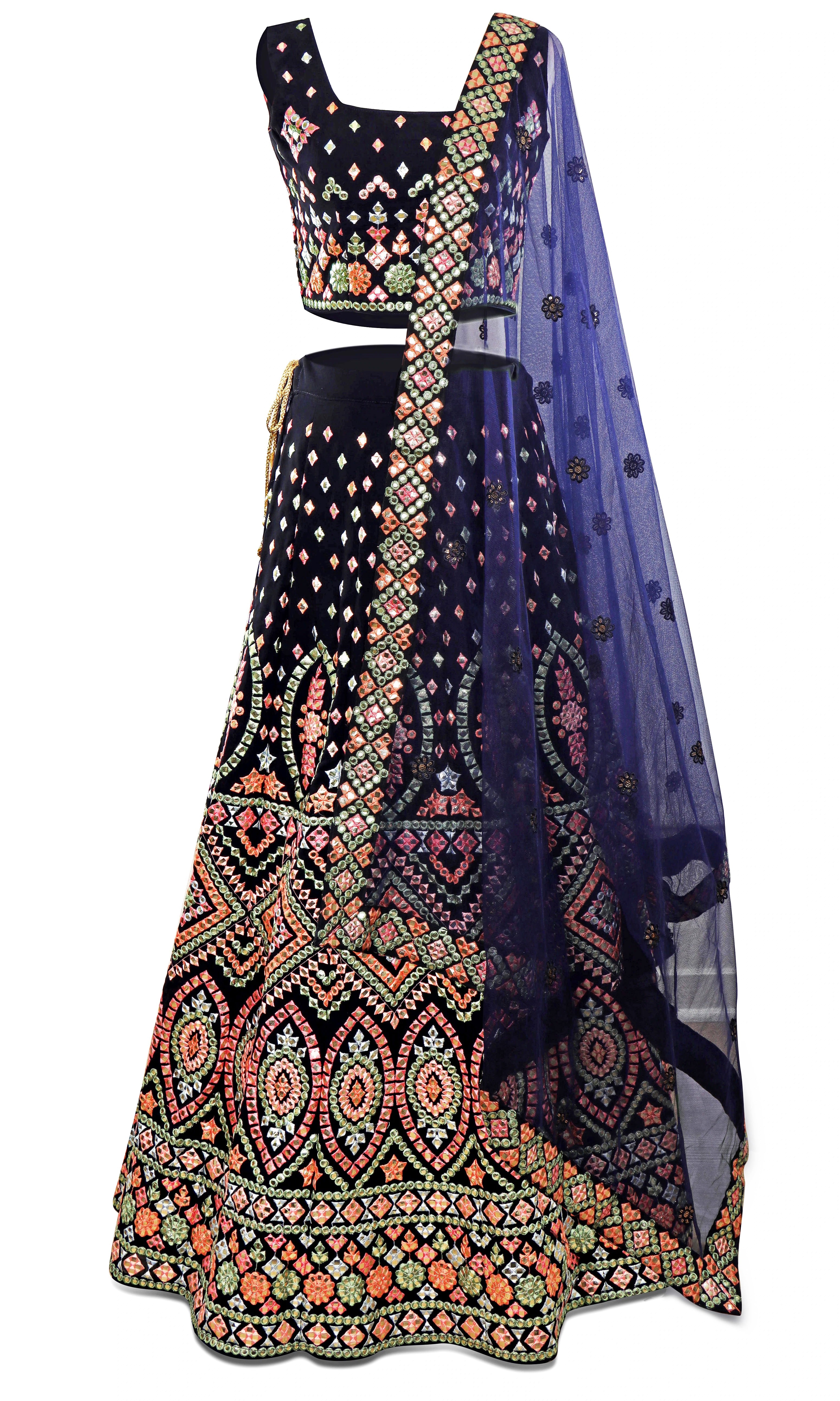 3 piece black/dark navy lehenga set with colorful mirror work embroidery