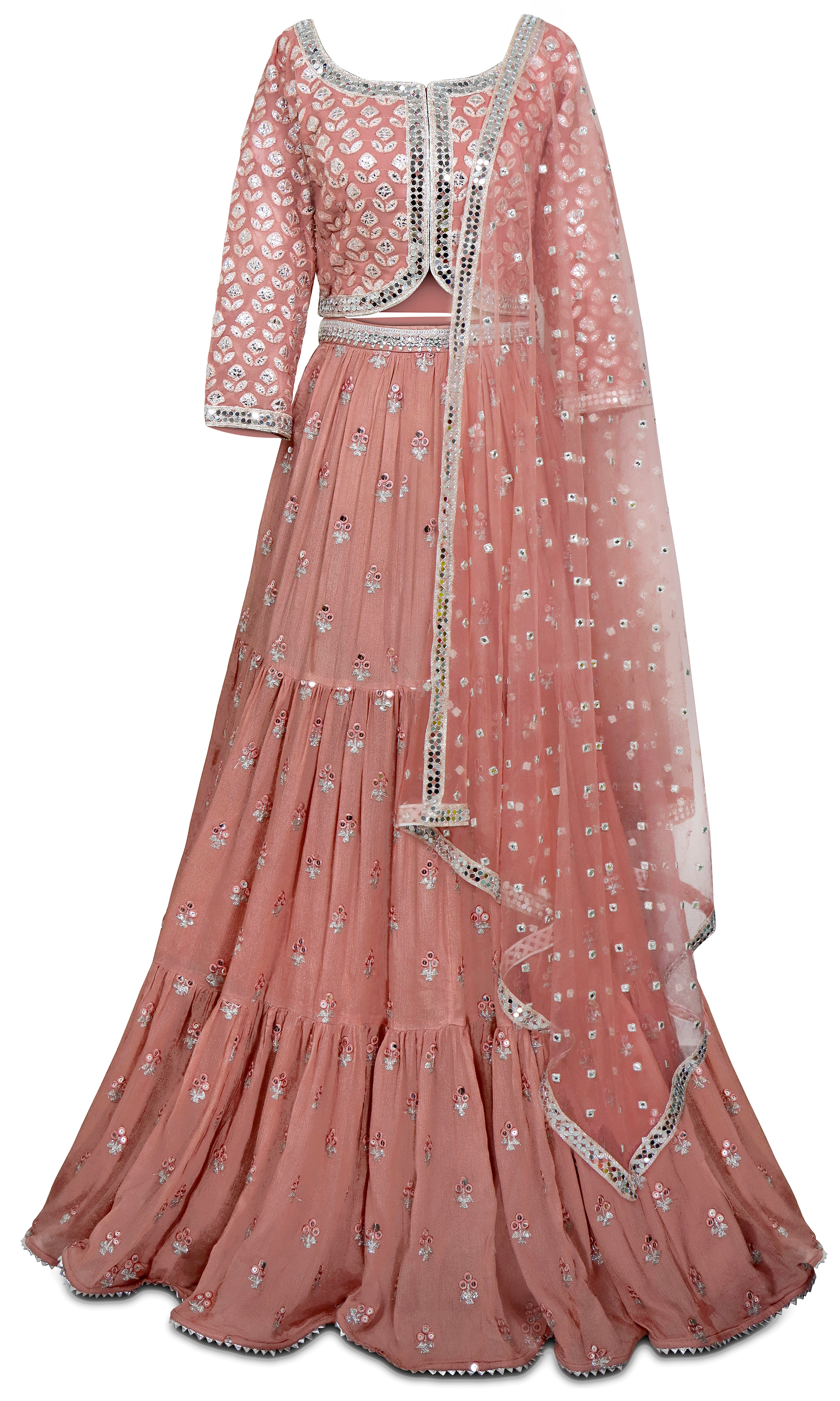 Gorgeous 3-piece burnt piece lehenga with mirror work throughout!