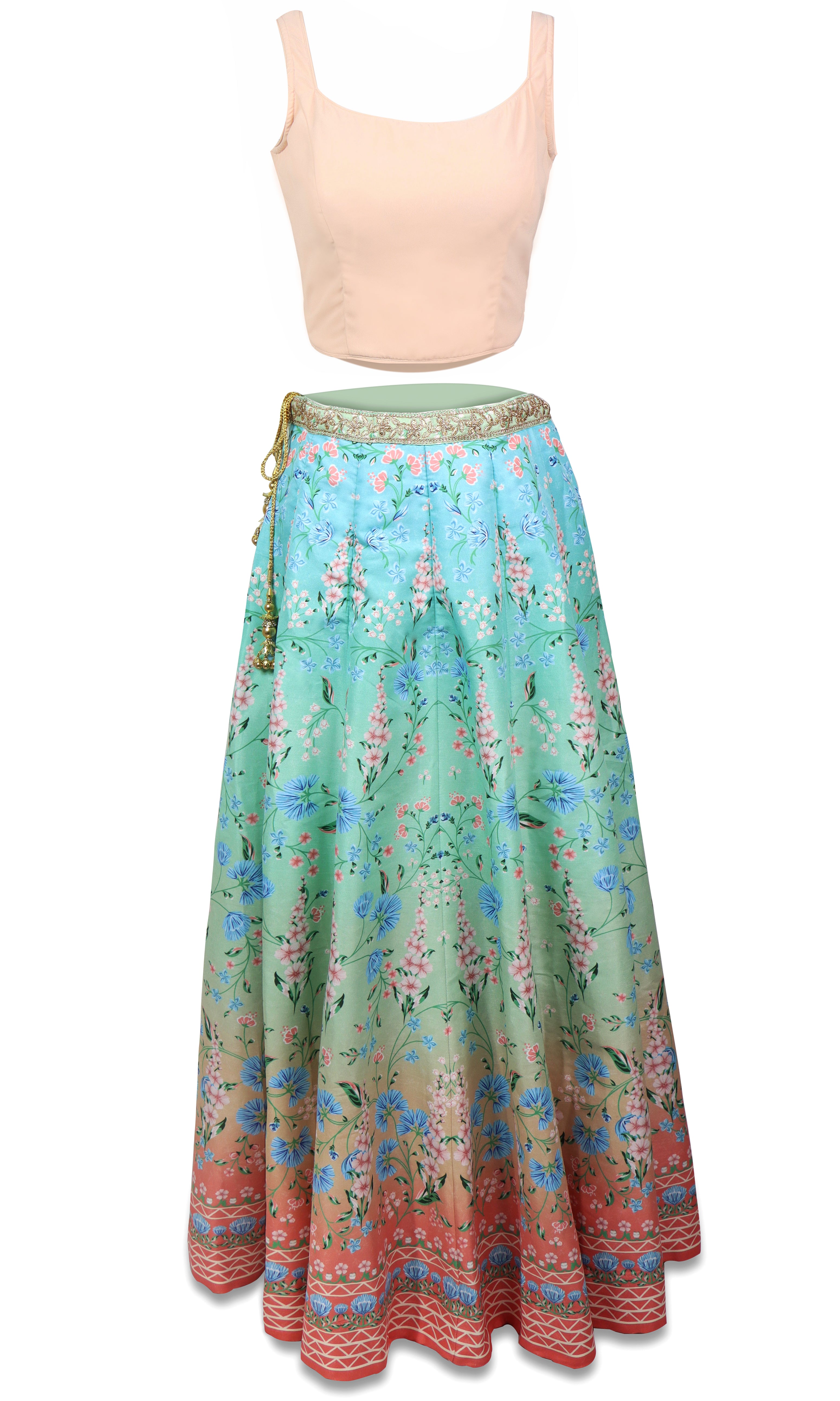 Blue, sliver/red ombre lehenga with glittery beads and crystals with matching petticoat & blue dupatta