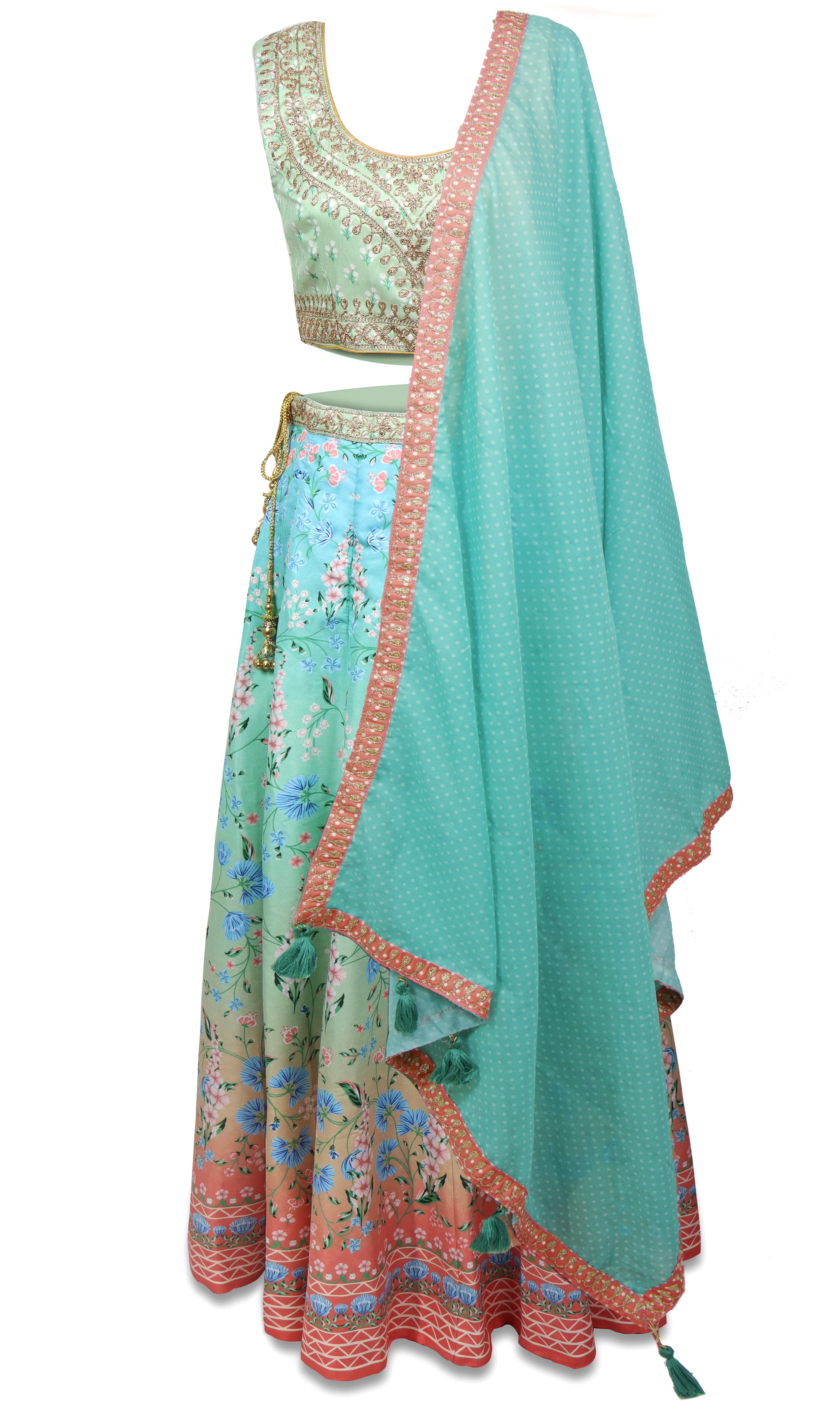 Blue, sliver/red ombre lehenga with gold crystals handwork & comes with matching petticoat & blue dupatta