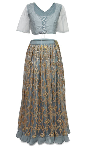 Dusty blue/light gray lehenga fully embroidered in gold sequin comes with dupatta