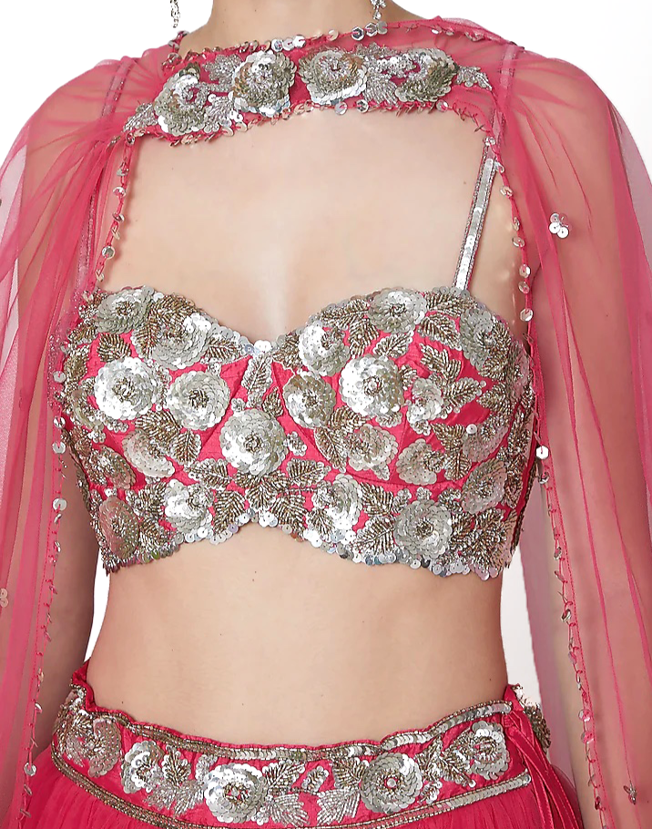 Fuchsia designer lehenga with silver sequins, comes with matching sleeveless blouse & dupatta by Preeti S Kapoor