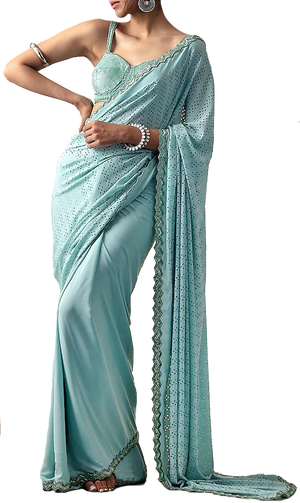 Pre-stitched Aqua blue scalloped saree by Preeti S Kapoor with hand embroidery all over. Paired with Matching petticoat.