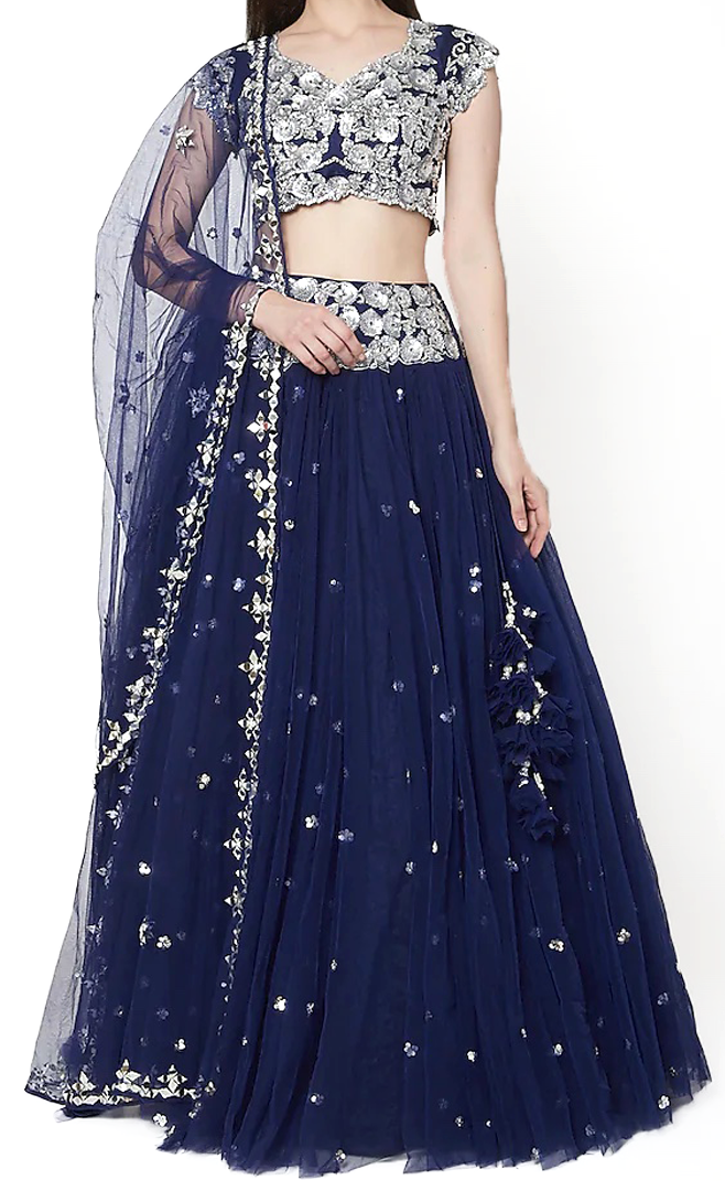 Midnight blue lehenga pair with tulle base and dupatta. Designer: Preeti S Kapoor