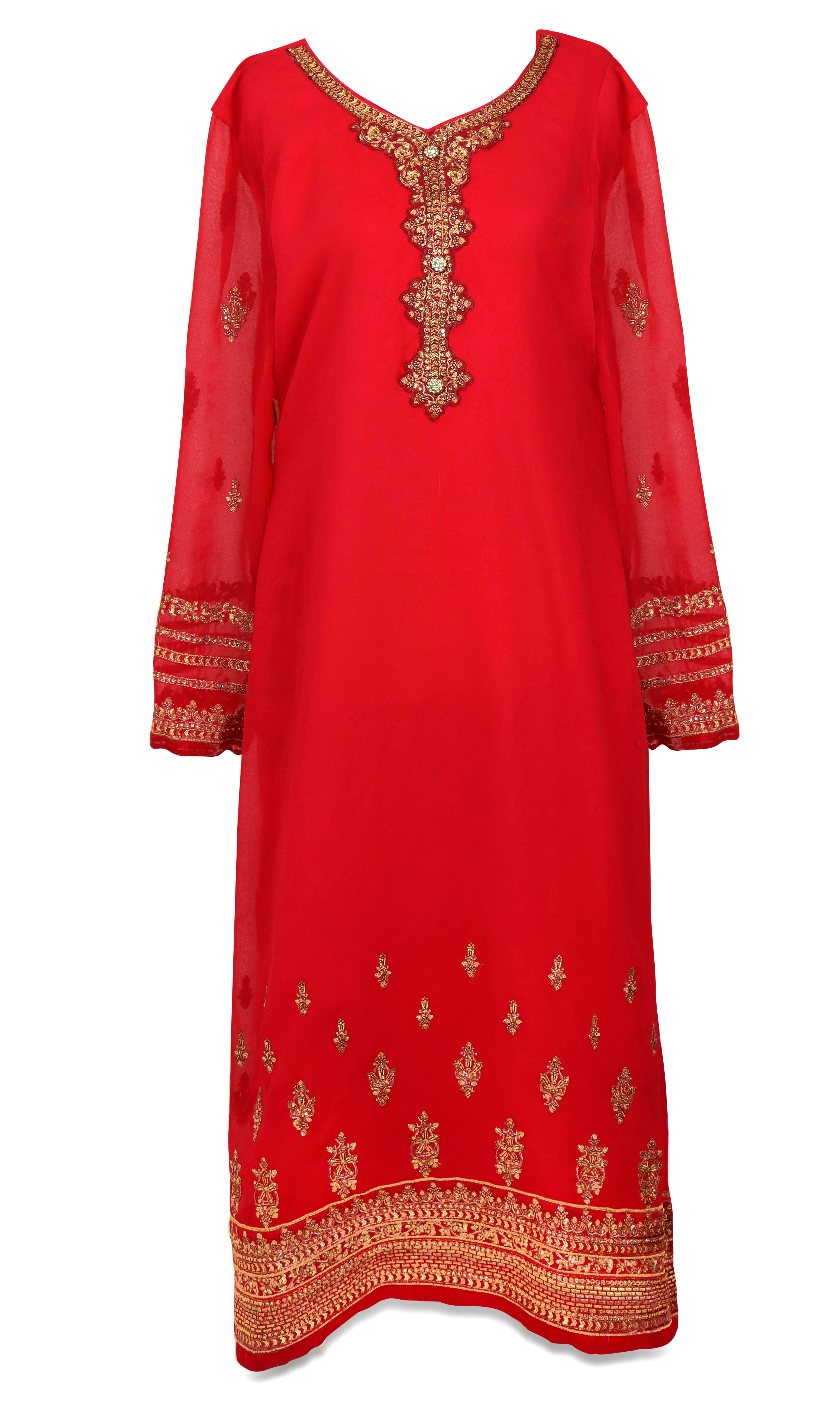 Stunning 3 piece coral red suit matching pants and a dupatta (shawl).