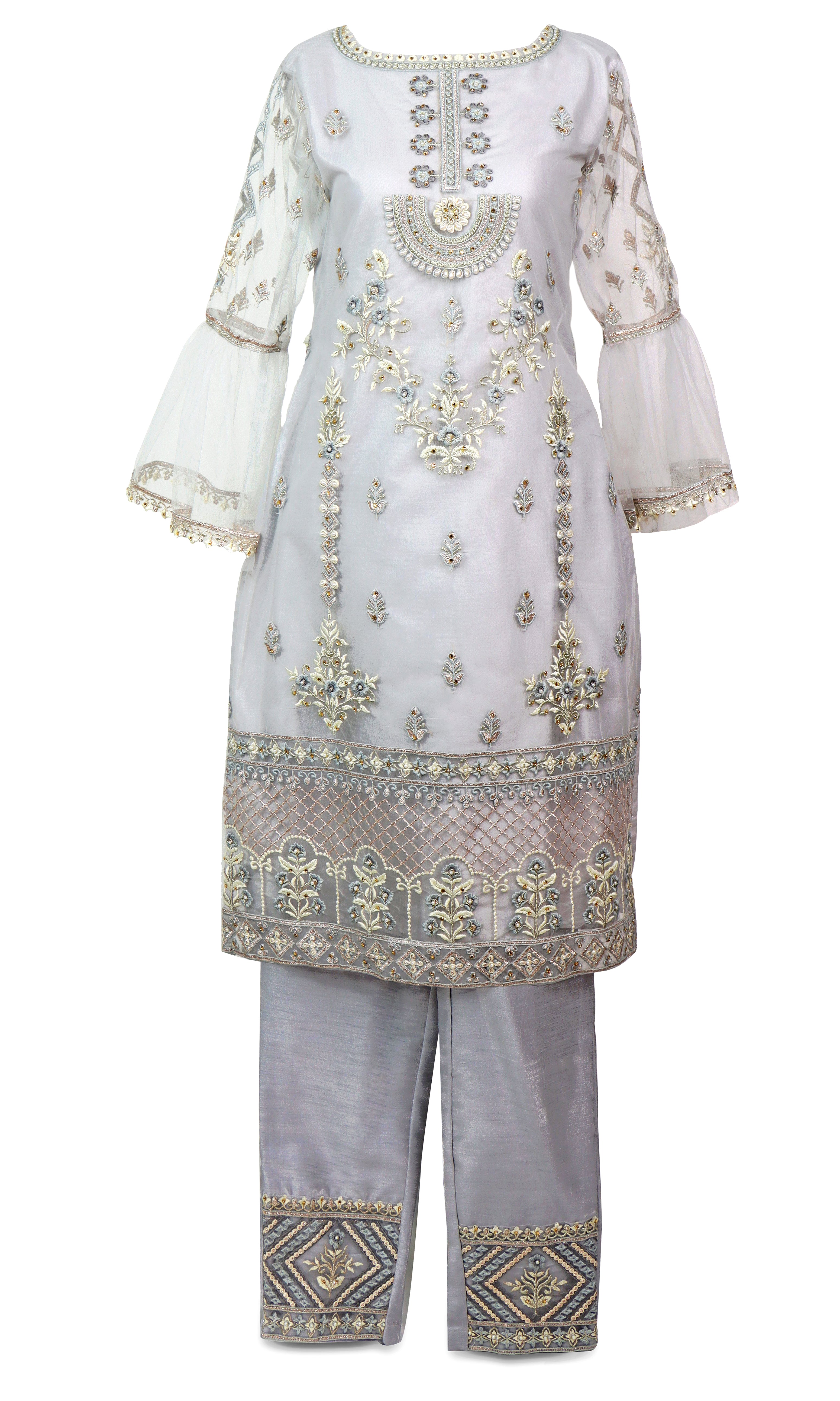 Suit includes the pants, the long kameez, and dupatta (shawl) beautiful and elegant pant.