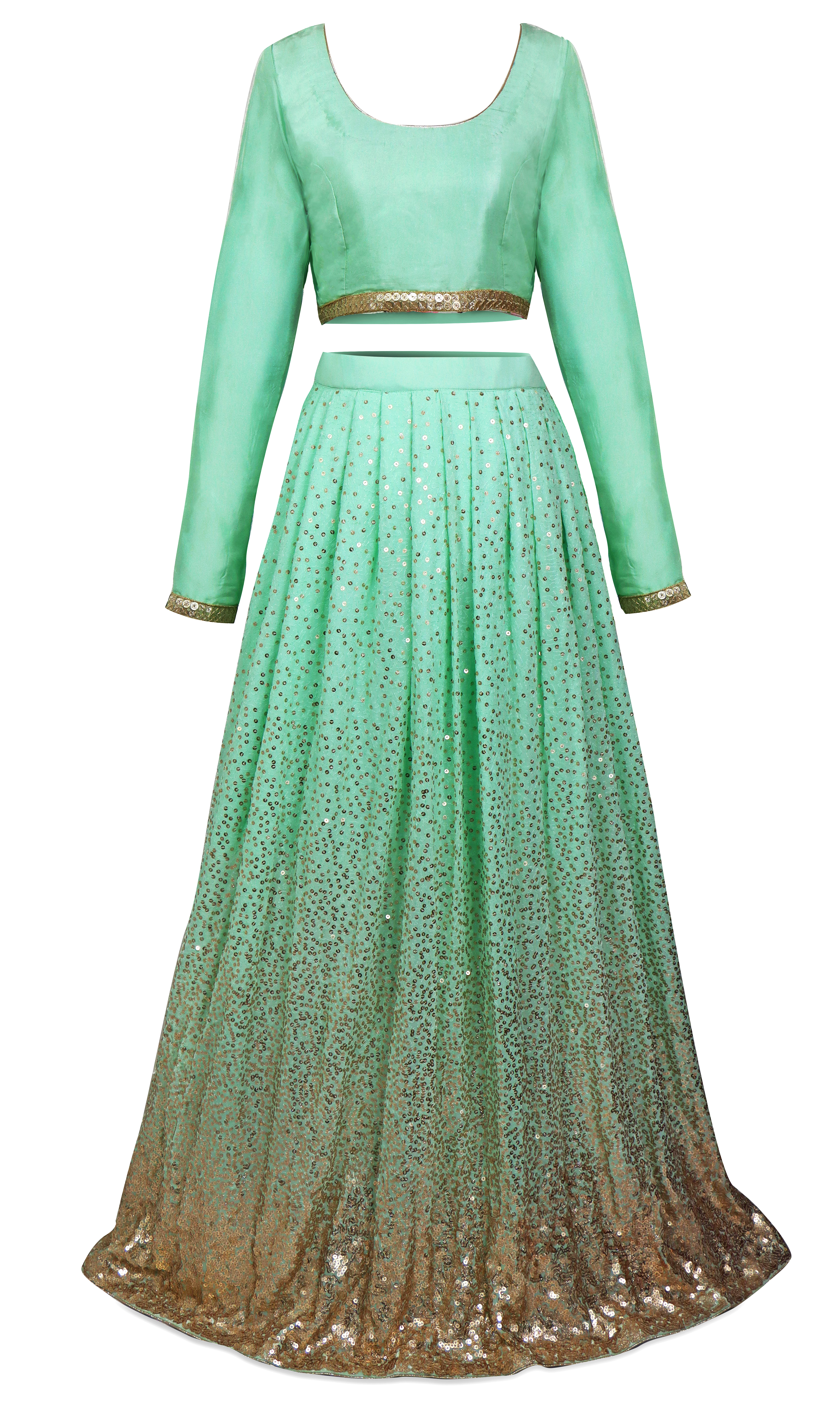 Sky blue Lehenga with pre- stitched blouse and has gold sequins embroidery ombre through-out the the skirt.