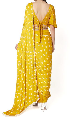 Yellow pre-stitched saree by Ruchira Nangalia with aari work embroidery & adjustable Blouse