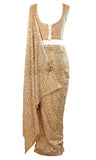 Pre-stitched  gold color georgette saree fully covered with sequins & paired with a sequined sleeveless blouse.