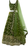 An olive green embroidered lehenga choli set with a matching dupatta, featuring intricate gold floral embroidery and mirror work on a white background.