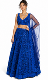 A woman models a royal blue embroidered lehenga choli set with a sheer dupatta against a plain white studio background.