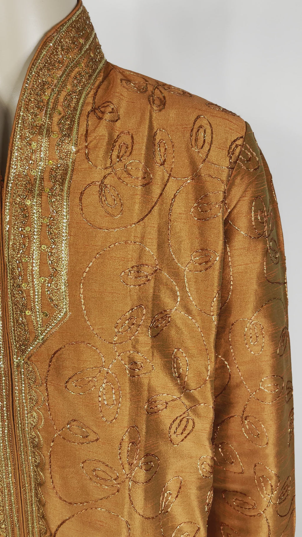 Dark orange silk kurta with gold beads and sequins embroidered & intricate details along the colla