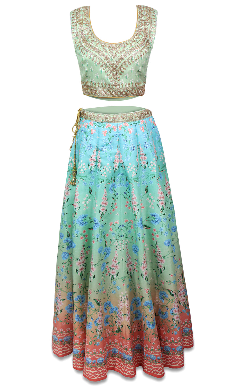 Blue, sliver/red ombre lehenga with glittery beads and crystals