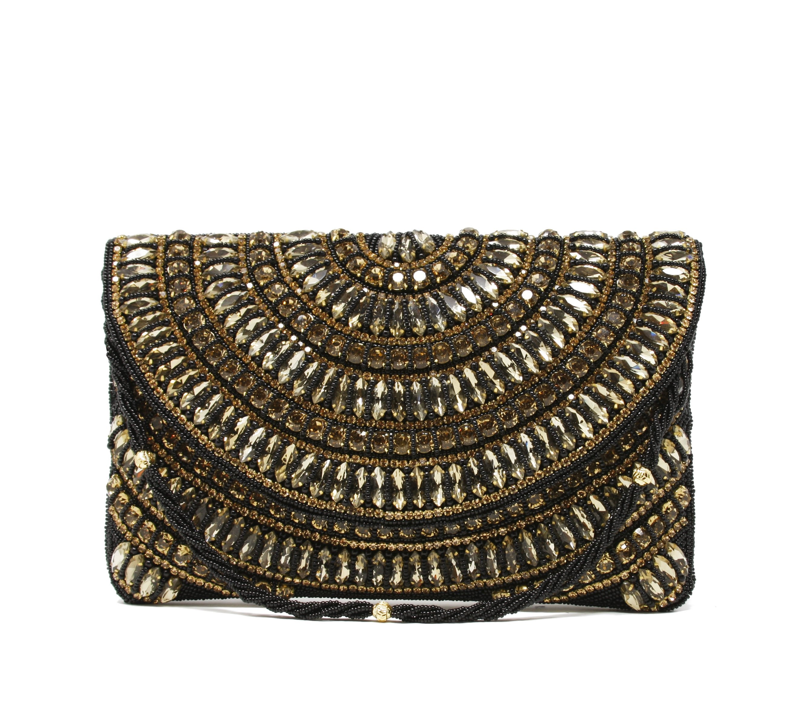  Sparkly gold & black clutch  evening bag. Covered with beads & crystal with black twisted beaded wristlet.