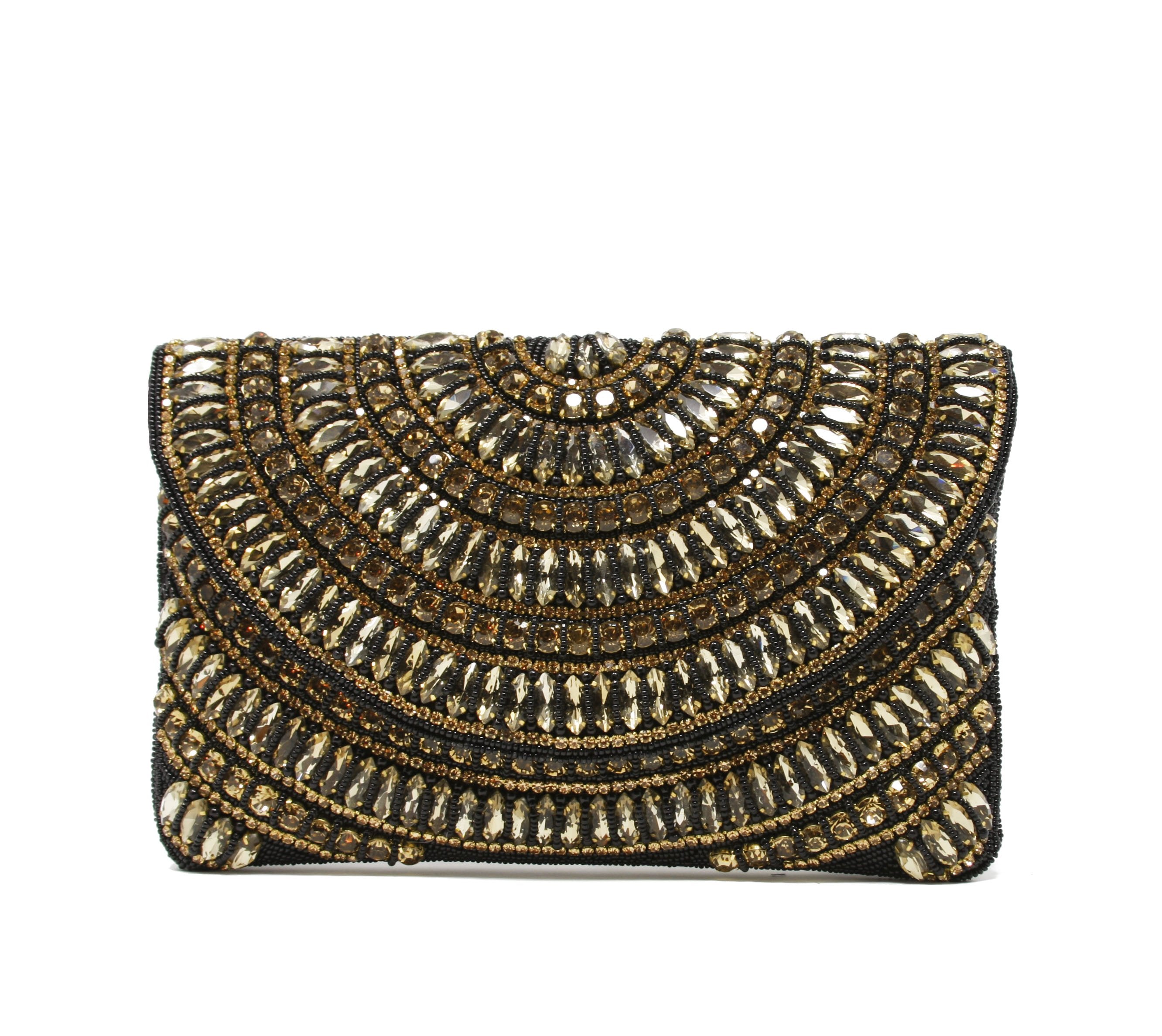 Sparkly gold and black clutch evening bag with black twisted beaded wristlet included inside pocket.