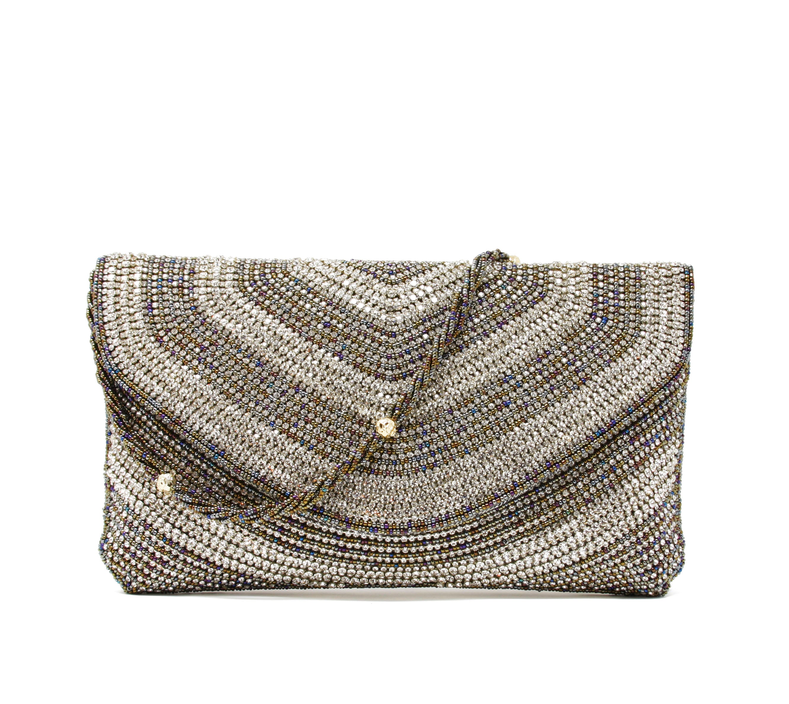 Gold and silver clutch fold-over snap closure, Multi-colored beaded twisting wristlet.