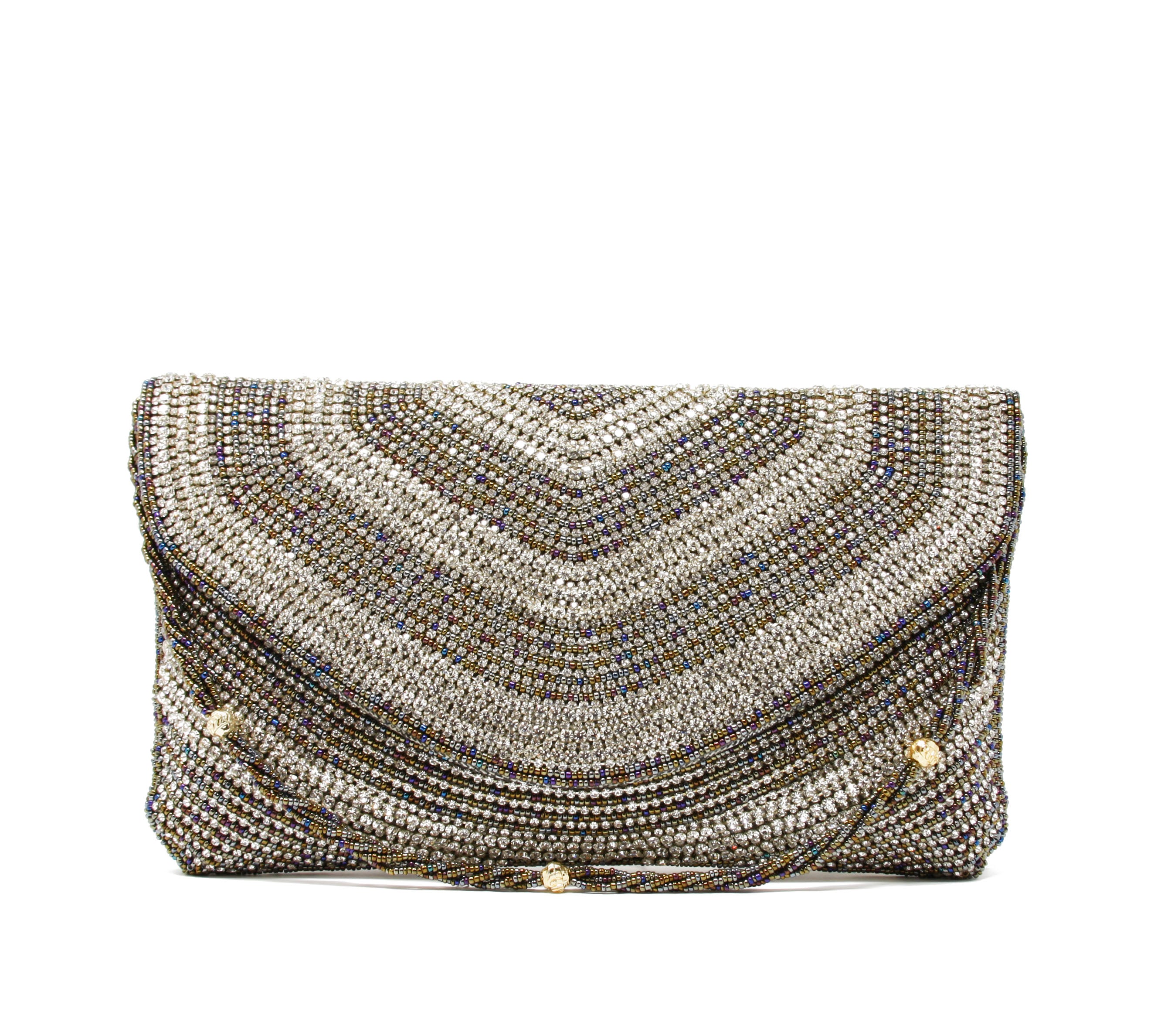 Sparkly Silver and Gray clutch and evening bag Covered with multi-colored beads, rhinestones, and crystals.