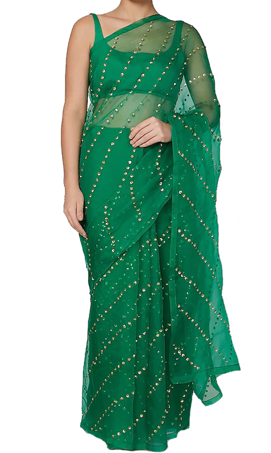 Pre-stitched emerald green saree with silk organza base & matching green satin blouse
