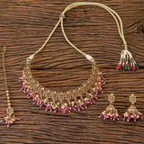 A beautiful Gold and Pink 3 piece set: Necklace with earrings and bindi (forehead piece).