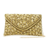Gold clutch with woven gold thread back & chain strap for crossbody wear