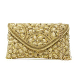 Gold evening bag with rhinestones and stones work & chain strap for crossbody wear