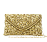 Gold evening bag with rhinestones and stones work, with chain strap & Zipper.