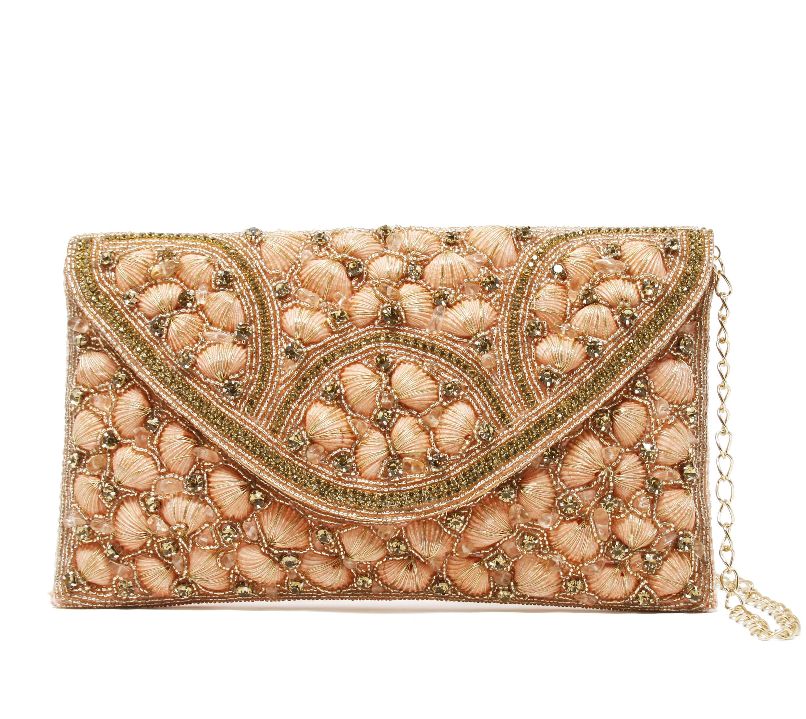 Sparkly gold and peach clutch with Gold chain strap & with inside pocket