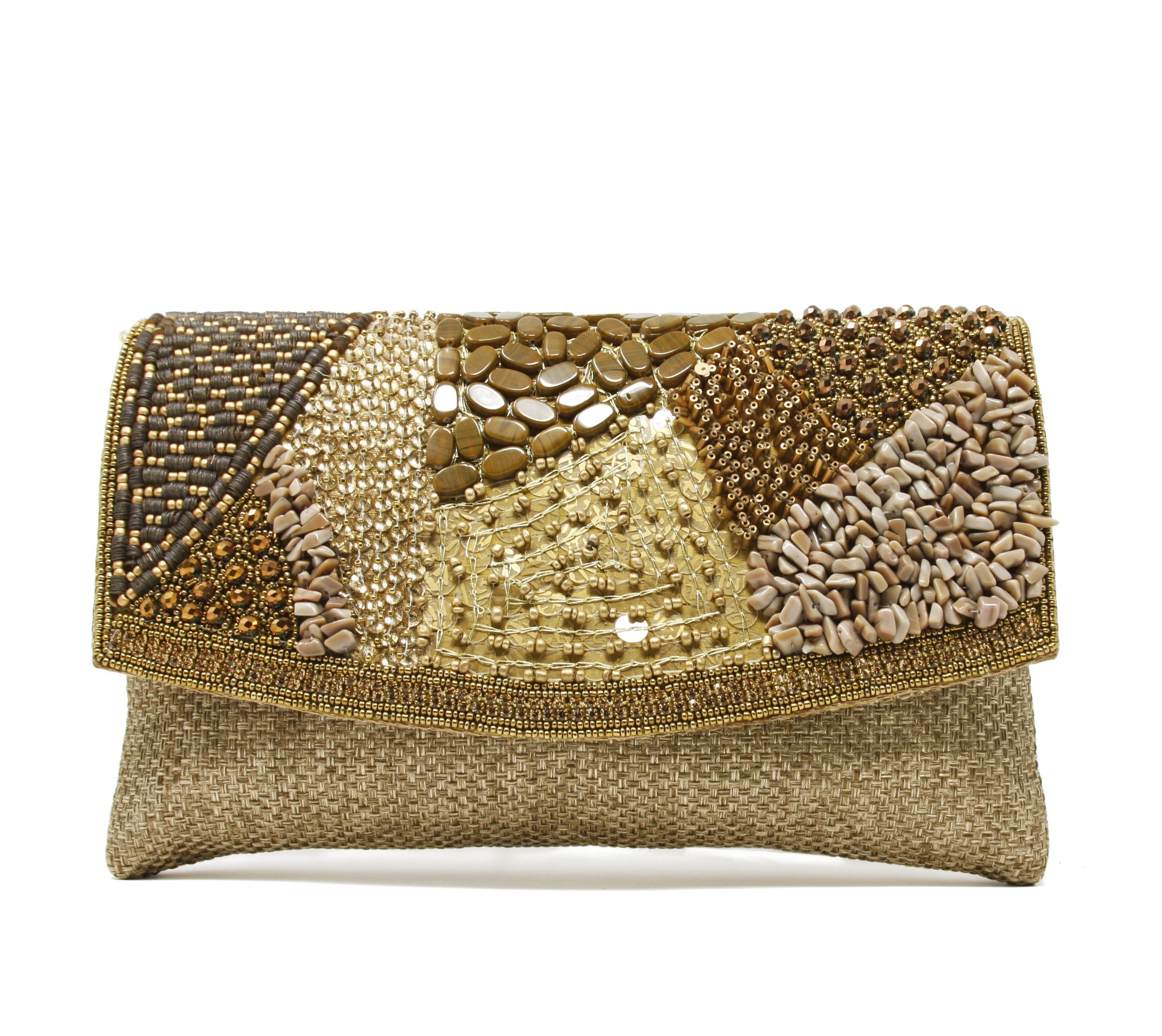 Beige clutch with patches of gold and shades of brown, Embroidered with rhinestones 