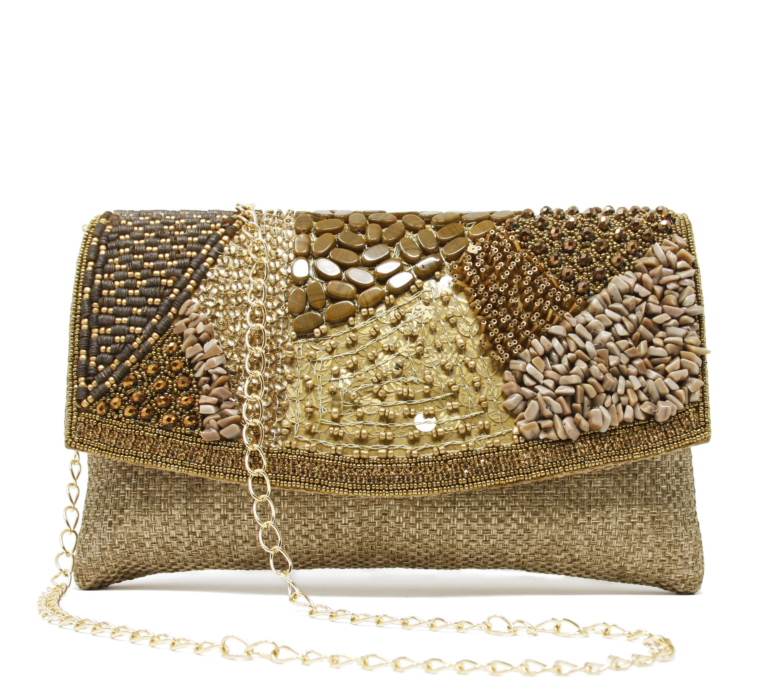 Beige clutch with patches of gold and shades of brown, & has a inside pocket