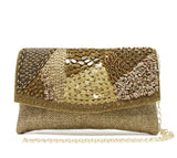 Beige clutch with patches of gold and shades of brown with fold-over snap closure