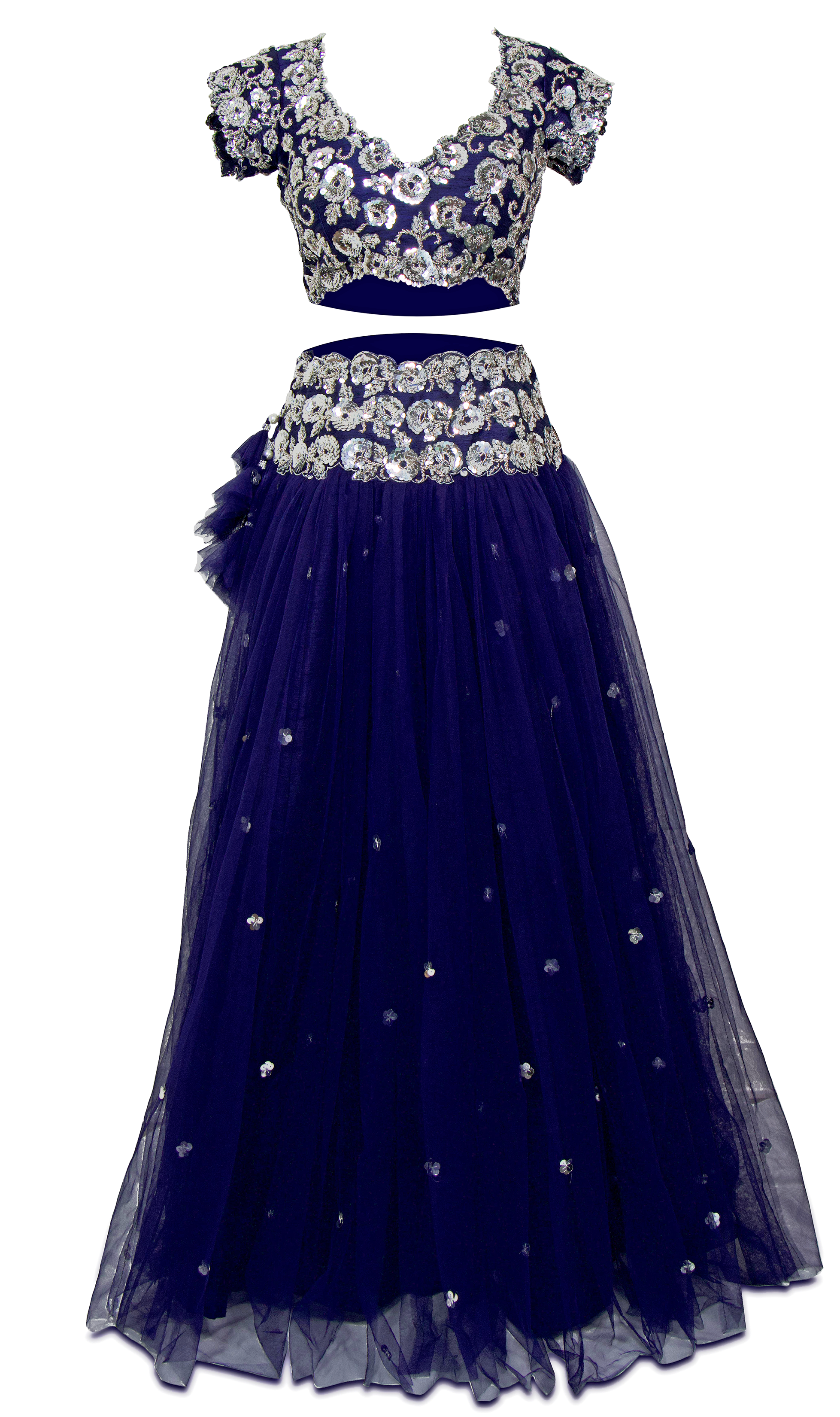 Midnight blue lehenga paired with a matching lehenga in tulle base and dupatta.
