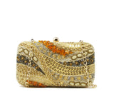 Multi-color Sparkly Gold Clutch. Heavy embroidery with silver, gold, gray, cream, and orange beads, stones, and sequins .