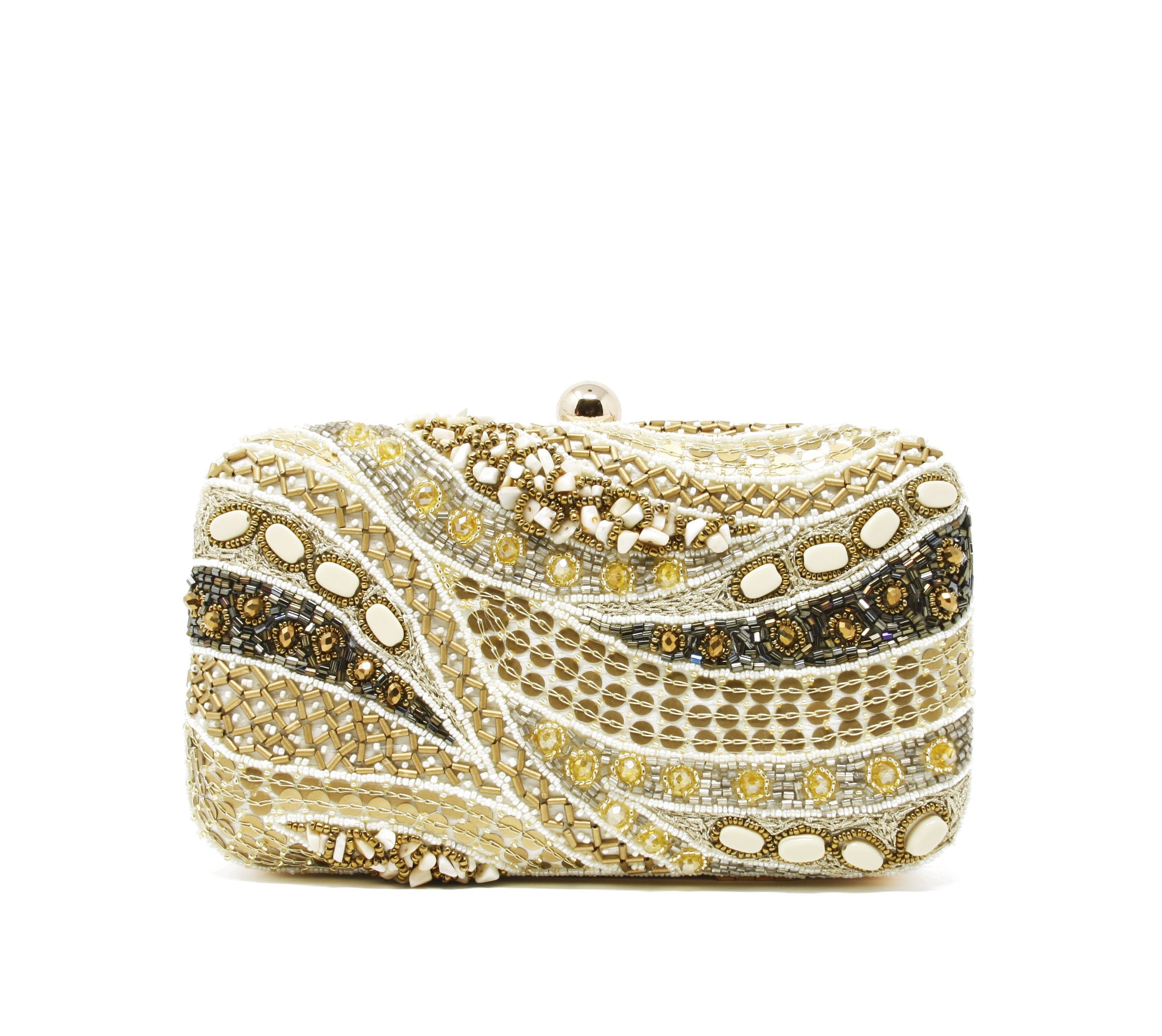 White and Cream Clutch with Heavy embroidery silver, gold, gray, and cream beads, stones, and sequins.