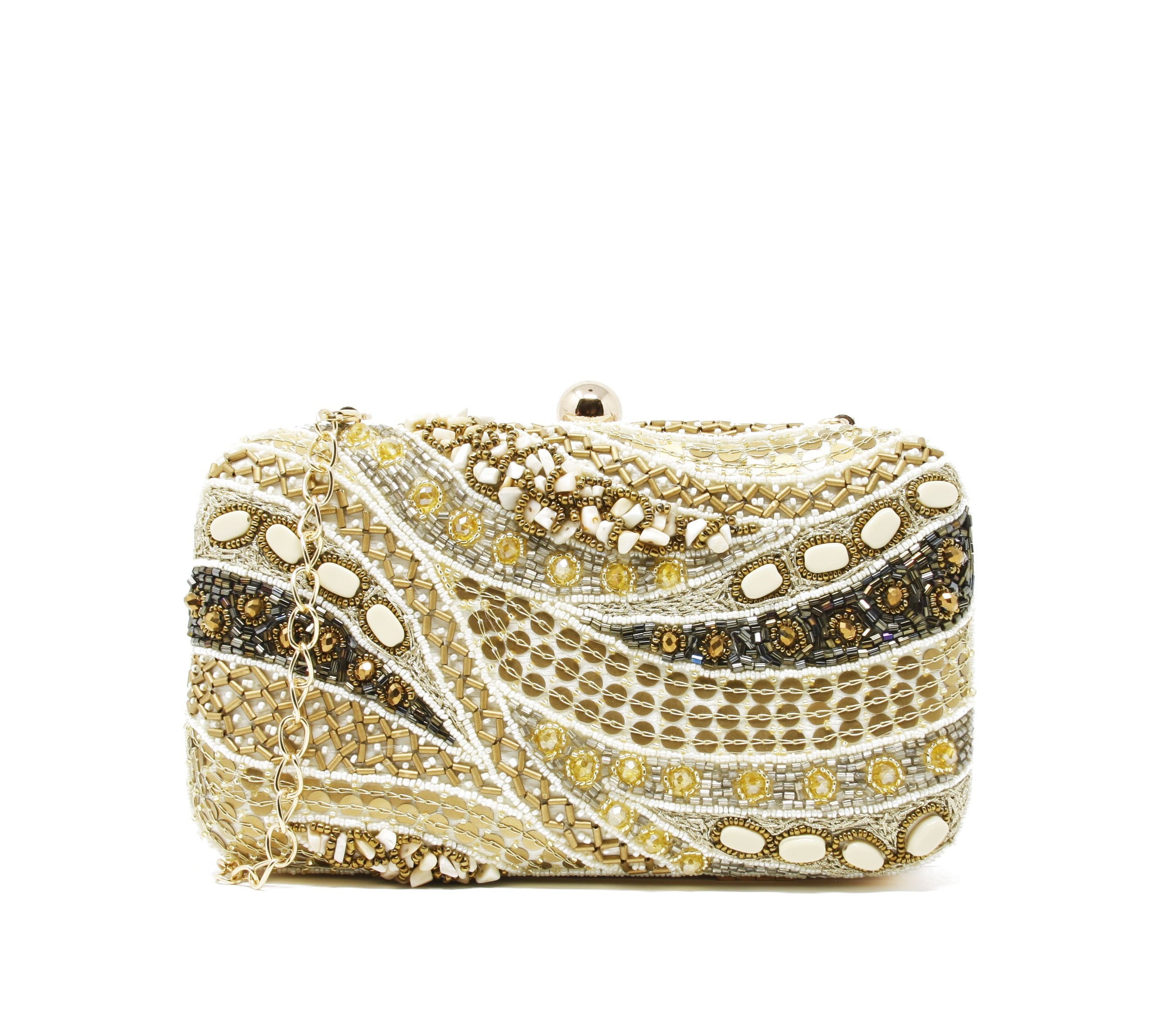 Sparkly White and Cream Clutch with evening bag with  fold-over clasp closure.