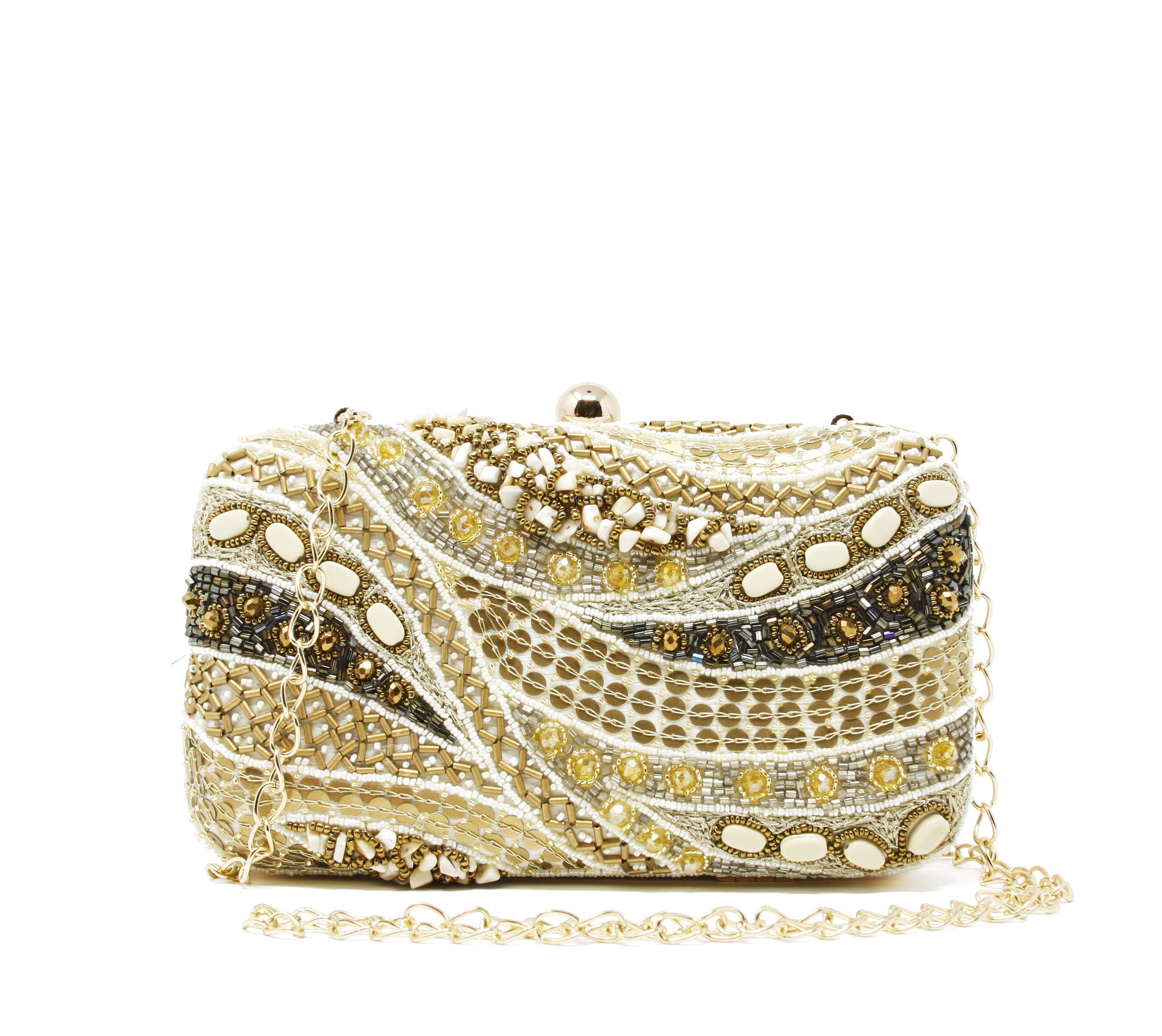 Sparkly White and Cream Clutch with evening bag Hard box case. fold-over clasp closure