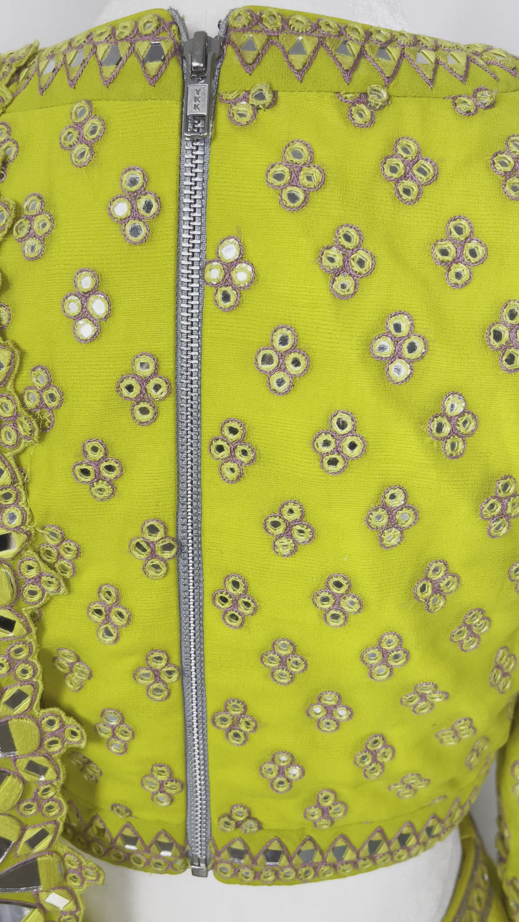 Moss Green/yellow 3 piece lehenga including skirt, blouse,& dupatta with mirror work by Vani Vats