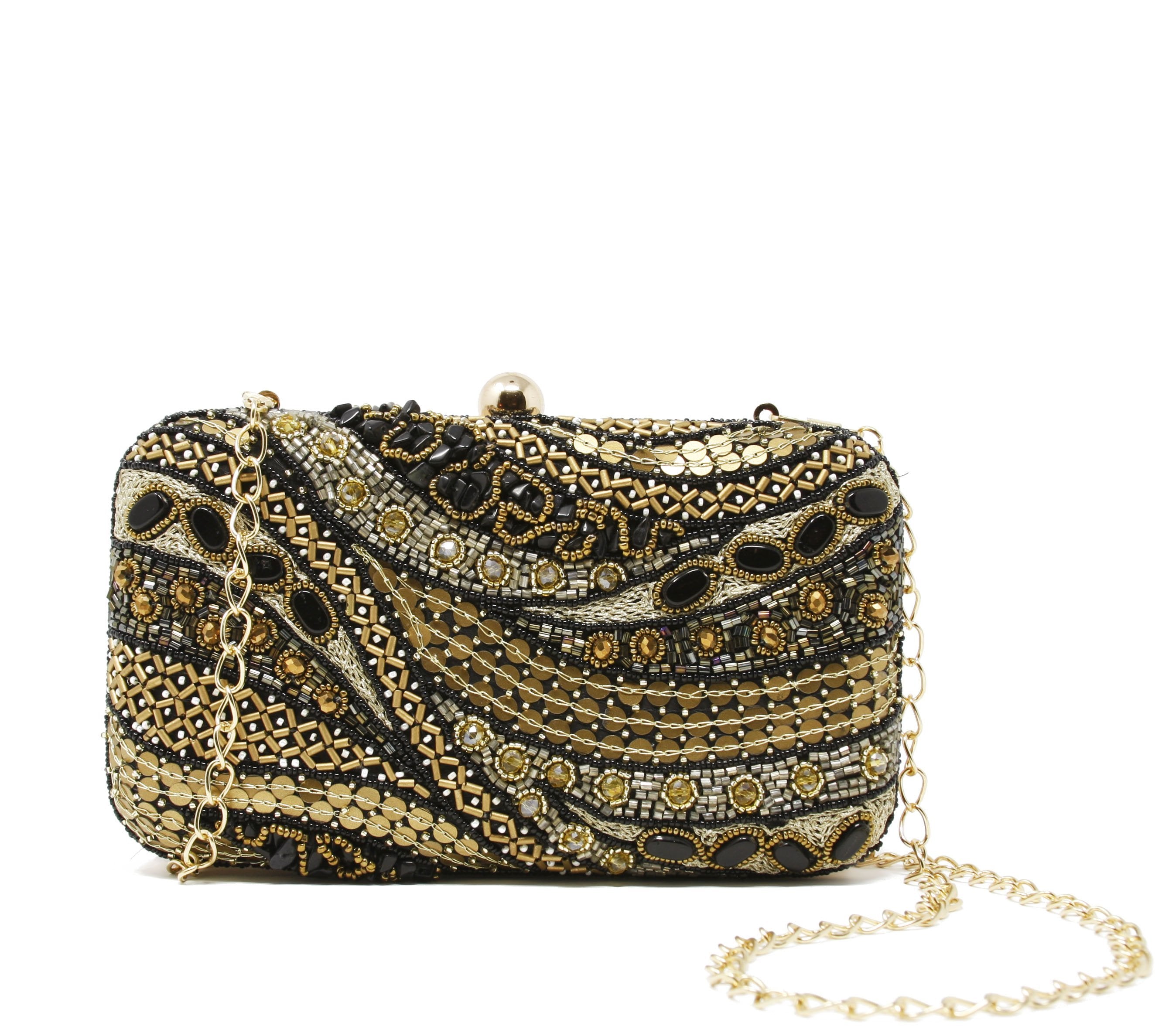  Sparkly gold and black clutch evening bag with back plain black woven fabric.