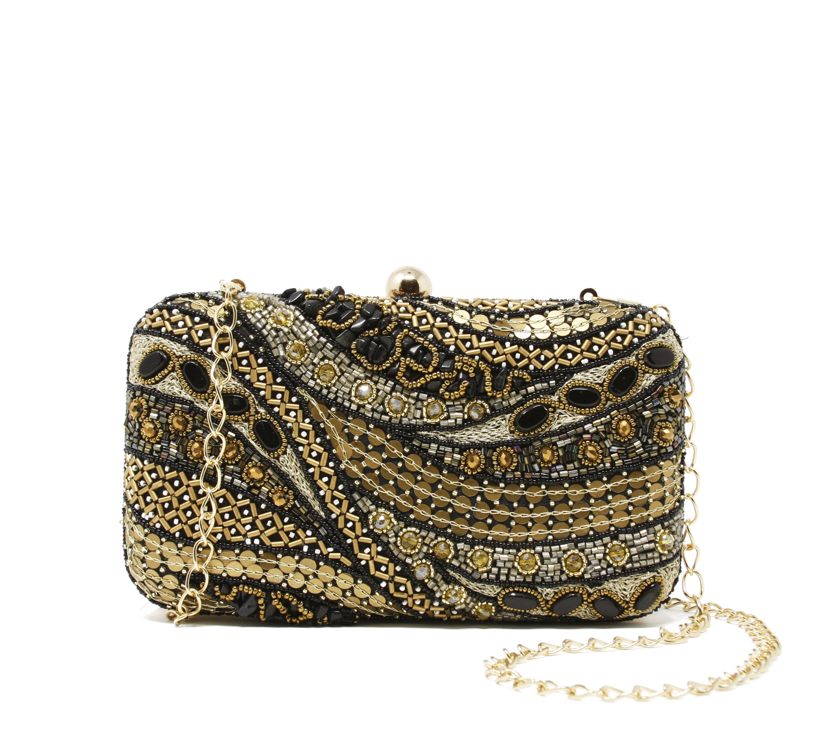 Black woven fabric evening bag with gold chain strap  23" drop for shoulder or crossbody wear.